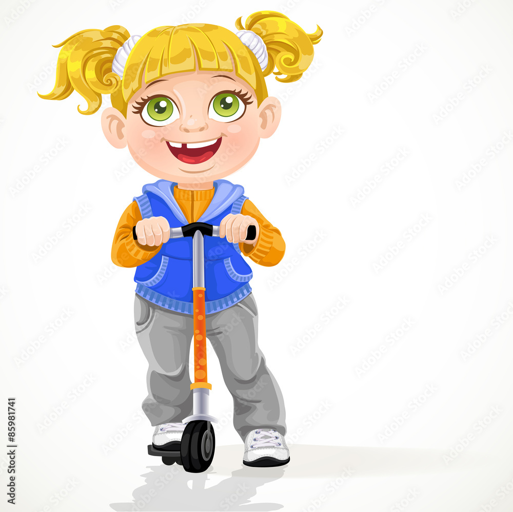 Wall mural little girl with pigtails on scooter isolated on a white backgro