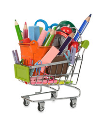 Shopping cart filled with colorful school supplies