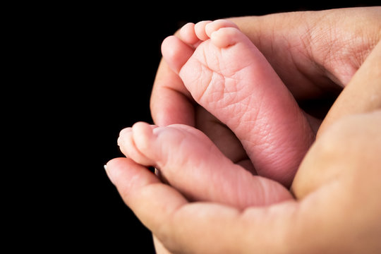 Newborn baby feet in mother hands