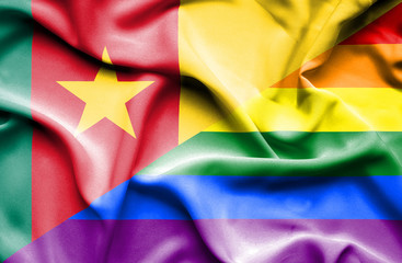 Waving flag of LGBT and Cameroon