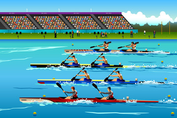 People riding canoe in river during competition