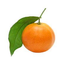 Fresh mandarin with green leaf taken closeup.Isolated.