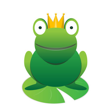 Cute happy smiling green cartoon frog prince with crown vector animal element