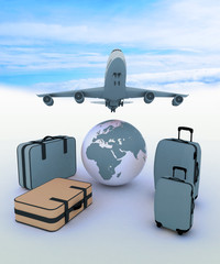 Airliner and suitcases on sky background