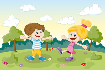 Obraz na płótnie Canvas Two children playing on a meadow