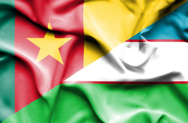 Waving flag of Uzbekistan and Cameroon