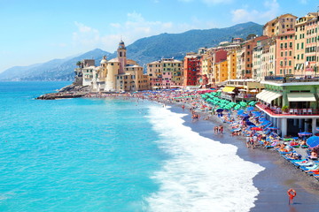Italy Camogli Liguria beach landscape mediterranean sea - obrazy, fototapety, plakaty
