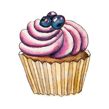 Watercolor cupcake. Vector illustration.