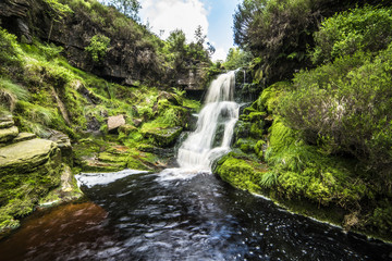 Fototapeta na wymiar Beautiful fresh green moss valley with watrefall surrounded by trees and rocks, Peak District