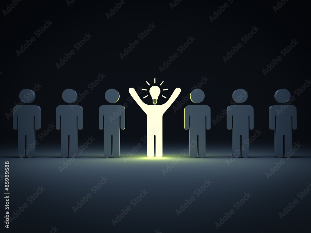 Poster stand out from the crowd and different concept , one idea light bulb man standing with arms wide ope