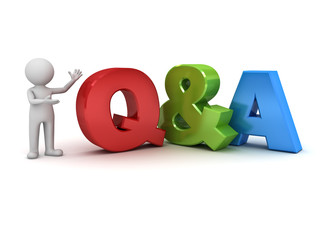 3d man standing and presenting Q and A word questions and answers concept isolated over white background