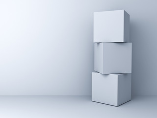 Blank three 3d boxes concept standing over white wall background