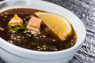 Japanese soup with salmon and omelet
