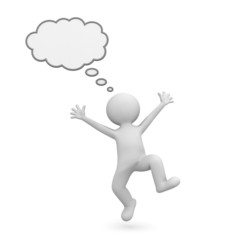 Fototapeta premium Very happy 3d man celebrating with blank thought bubble above his head over white background