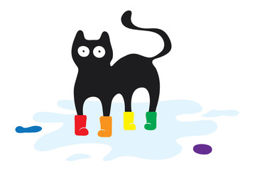 Cat in colored rubber boots. Print on clothes.