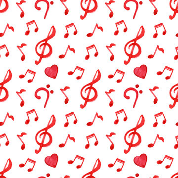 Red notes treble bass clef heart music vector seamless pattern