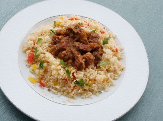 beef meat goulash with rice and spices