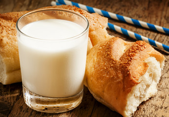 Fresh milk and white bread, selective focus