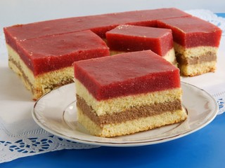 biscuit with chocolate mas and strawberry pulp with jelly as tasty layer cake