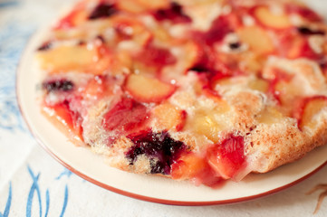 Upside down pie with peaches closeup