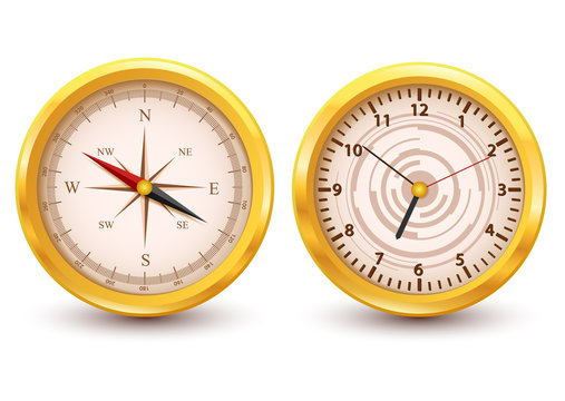 Gold Luxury Clock and Compass, Vector Illustration