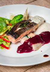 Fried salmon stuffed with spinach