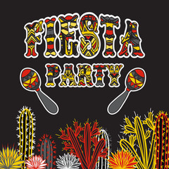 Mexican Fiesta Party Invitation with maracas, cactuses and colorful ethnic tribal ornate title. Hand drawn vector illustration poster with grunge background. Flyer or greeting card template