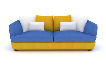 isolated yellow blue sofa with white pillows.