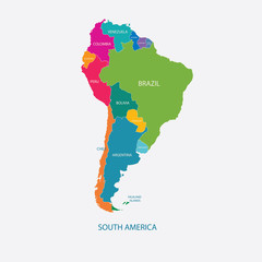 SOUTH AMERICA COLOR MAP WITH NAME OF COUNTRIES flat illustration vector