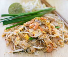 Phad thai. Fried noodle with shrimp closeup