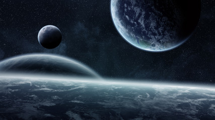 Obraz na płótnie Canvas Sunrise over planets in space