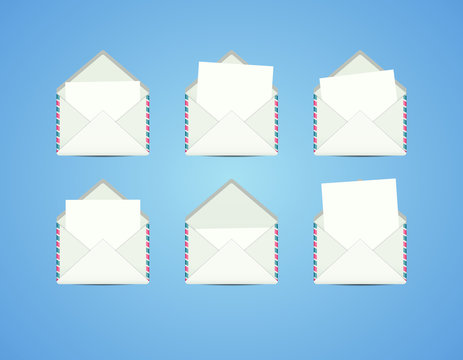 Set of 6 opened and closed envelopes with mail paper.