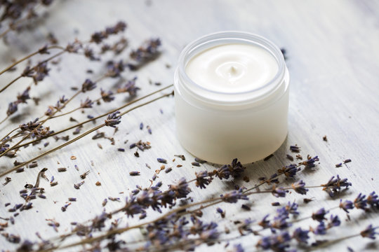 Cosmetic cream for face with lavender flowers