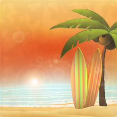 Vacation in paradise - surfing at tropical beach. 