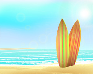 Fototapeta na wymiar Vector holidays vintage design - surfboards on a beach against