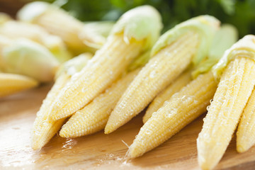 baby corn with dew drop prepare for cooking