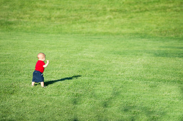 Fototapeta na wymiar Little baby boy walking in a field.