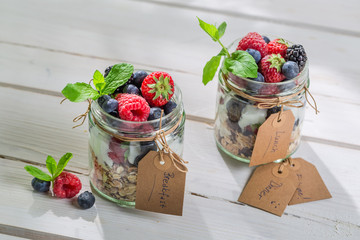 Fresh breakfast with fruits and yogurt