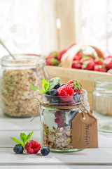 Fresh muesli with fruits and yogurt