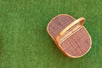 Picnic Basket On The Fresh Grass Overhead View
