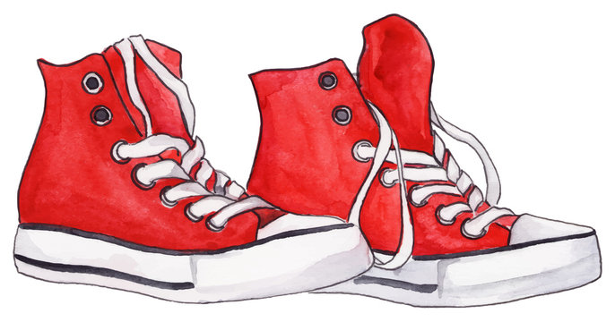 Watercolor red sneakers pair hearts vector isolated