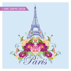 Fototapeta na wymiar Floral Paris Graphic Design - for t-shirt, fashion, prints 