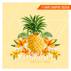 Tropical Flowers and Pineapple Graphic Design - for t-shirt, fashion