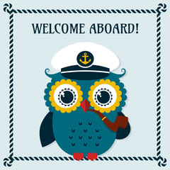 Welcome aboard! Vector card with owl.