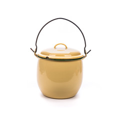The yellow metal pot with a lid.