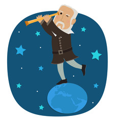 Galileo Galilei - Galileo is standing on earth looking in his telescope at the stars. Eps10