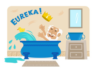 Archimedes In Bathtub - Cartoon illustration of Archimedes in his bathtub with the golden crown and the word Eureka at the top. Eps10 - obrazy, fototapety, plakaty