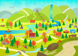 Obraz na płótnie Canvas Summer in the Mountains - Detailed illustration of a river, mountains, cabins, animals and people doing activities. Eps10