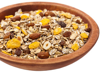 Cereal Muesli Breakfast on white background. Selective focus.