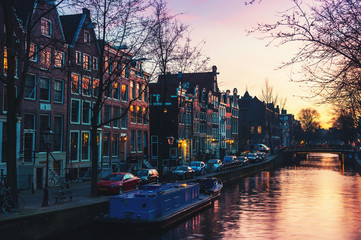 Sunset over Amsterdam, Netherlands canals and bridges